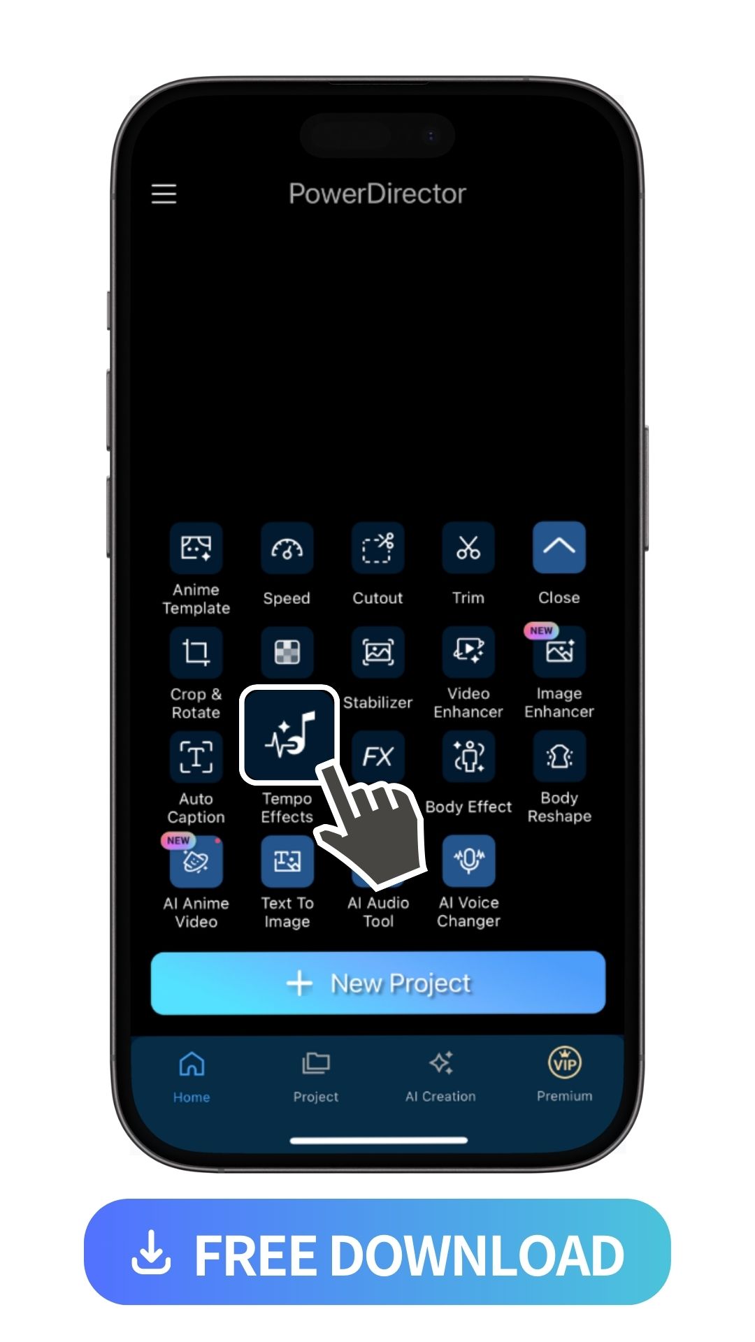 launcher of PowerDirector and highlight Tempo Effects feature icon